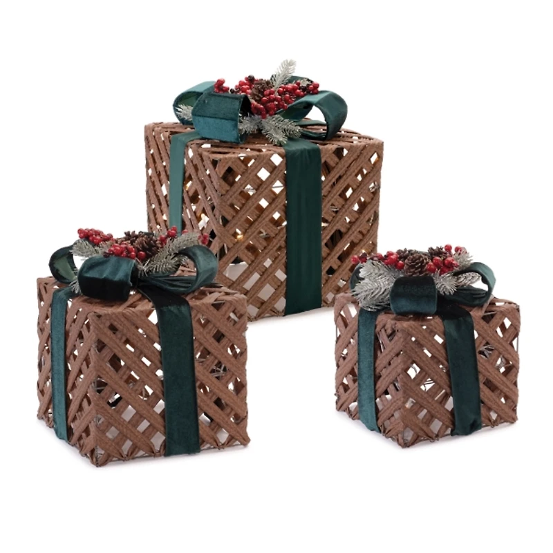 LED Woven Christmas Gifts with Bows, Set of 3