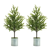 Mini Pine Trees in Galvanized Planters, Set of 2