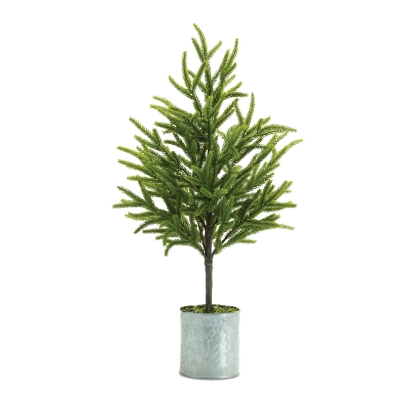 Mini Pine Trees in Galvanized Planters, Set of 2