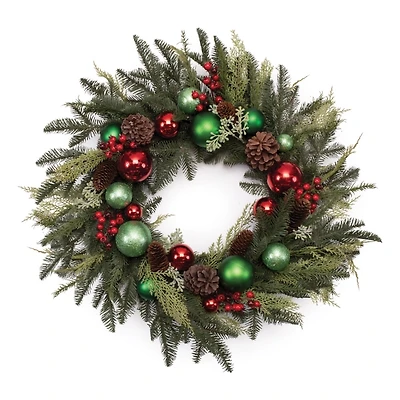Mixed Pine and Colorful Ornaments Wreath