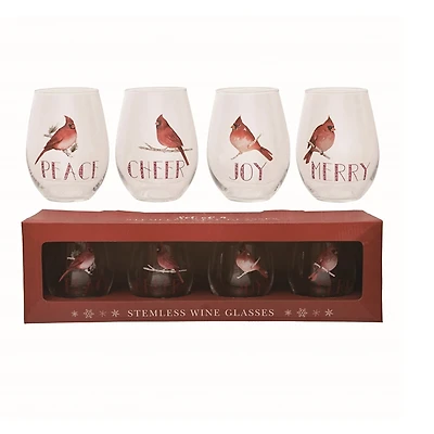 Christmas Cardinal Stemless Wine Glasses, Set of 4