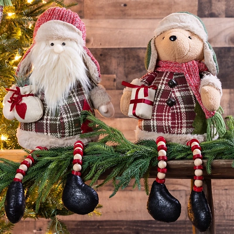 Plush Plaid Santa and Bear Shelf Sitters, Set of 2