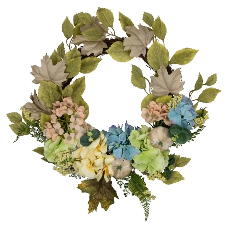 Green and Blue Floral and Gourds Fall Wreath