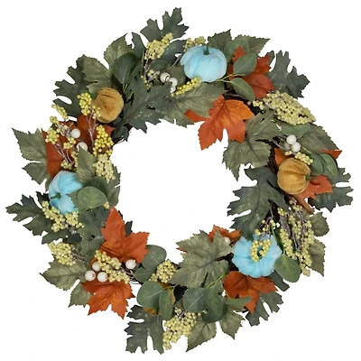 Blue and Orange Foliage and Gourds Fall Wreath