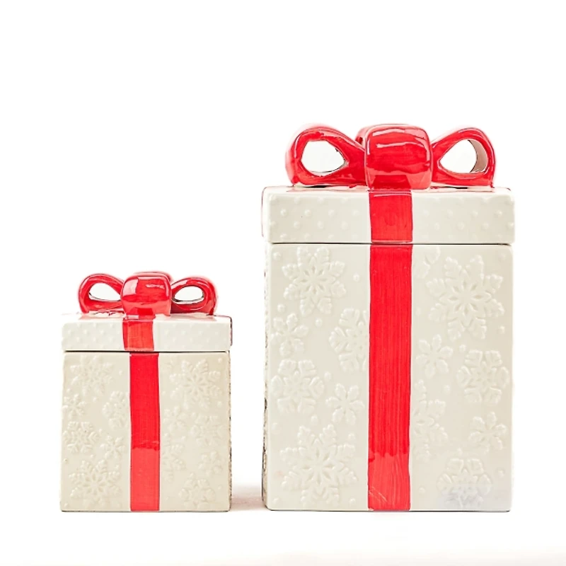 Red Ribbon Gift Box Cookie Jars, Set of 2