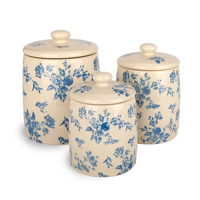 Blue Floral Toile Canisters, Set of 3