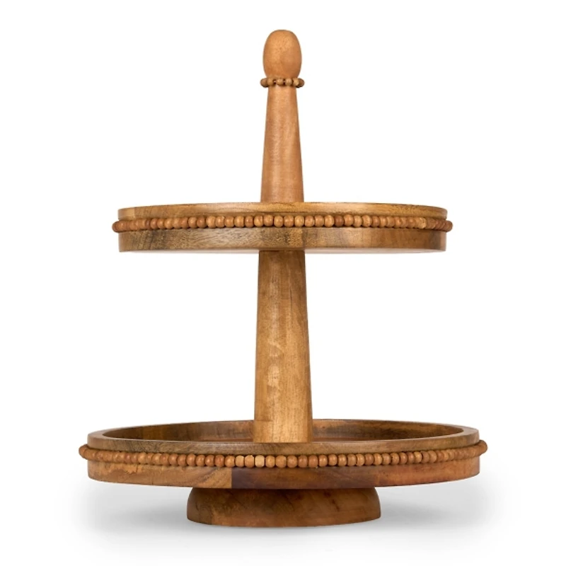 Natural Wood Beaded Tiered Serving Tray