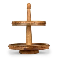 Natural Wood Beaded Tiered Serving Tray
