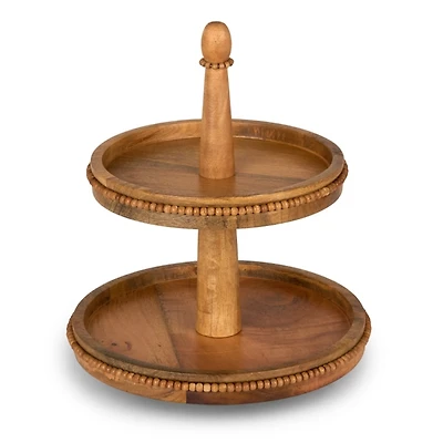 Natural Wood Beaded Tiered Serving Tray