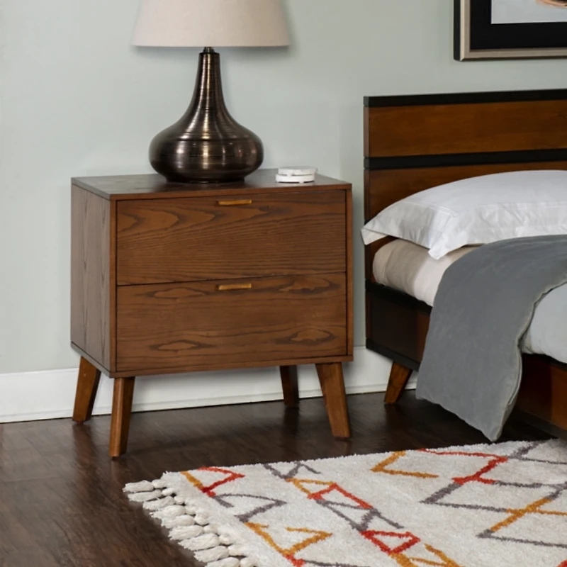 Hudson Walnut Brown Wood 2-Drawer Nightstand