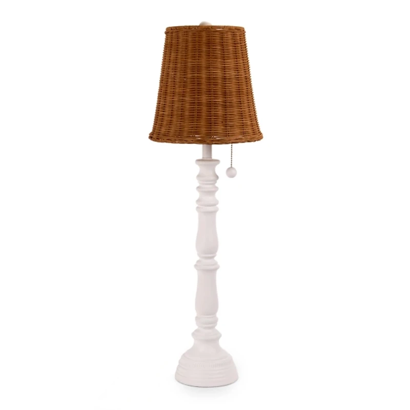 White Spindle Buffet Lamp with Rattan Shade