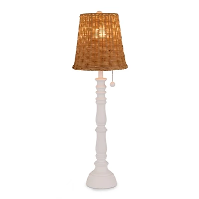 White Spindle Buffet Lamp with Rattan Shade