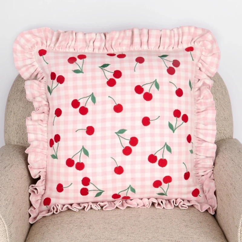 Pink Gingham Cherry Ruffle Pillow