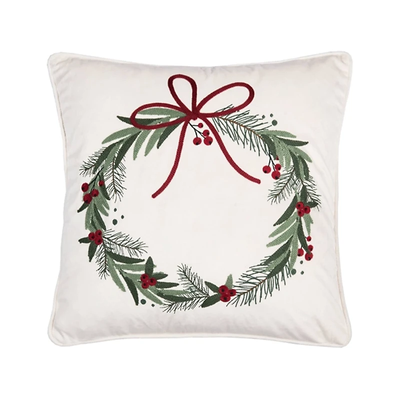 Embroidered Christmas Wreath Red Bow Pillow