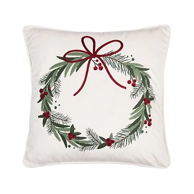 Embroidered Christmas Wreath Red Bow Pillow