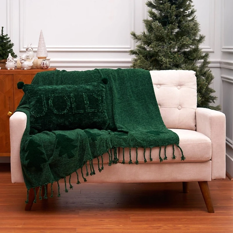 Green Chenille Jolly Christmas Pillow