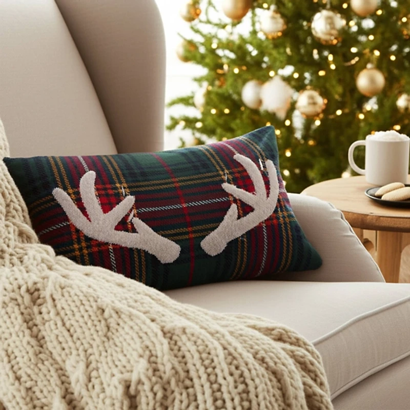 Green Plaid Deer Antler Christmas Pillow