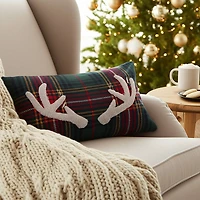 Green Plaid Deer Antler Christmas Pillow