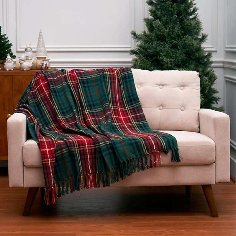 Green Tartan Plaid Fringe Throw