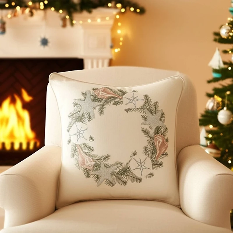 Embroidered Shell Wreath Christmas Pillow
