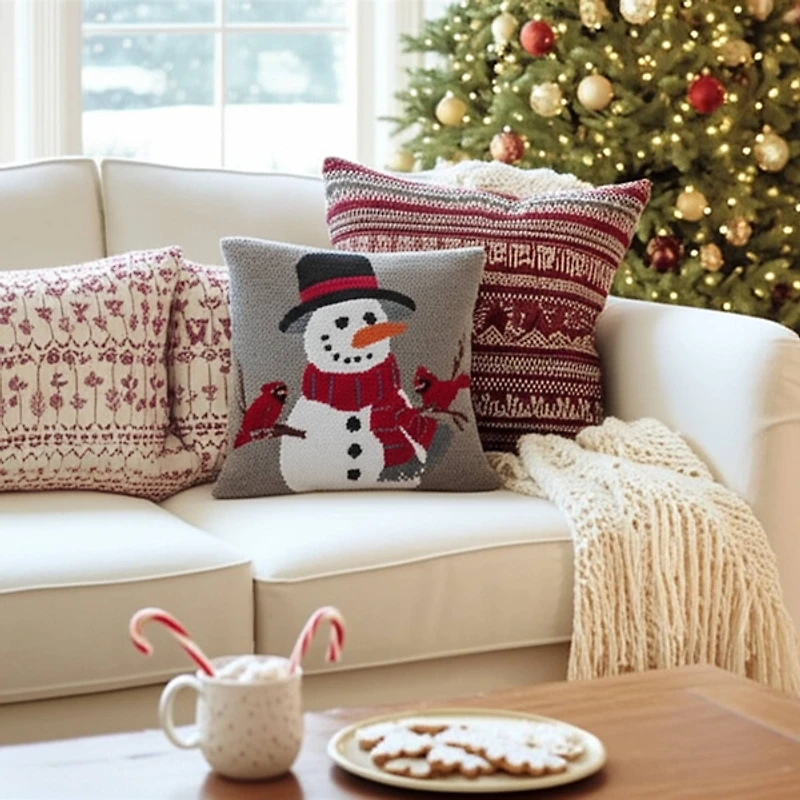 Snowman and Cardinals Hooked Pillow