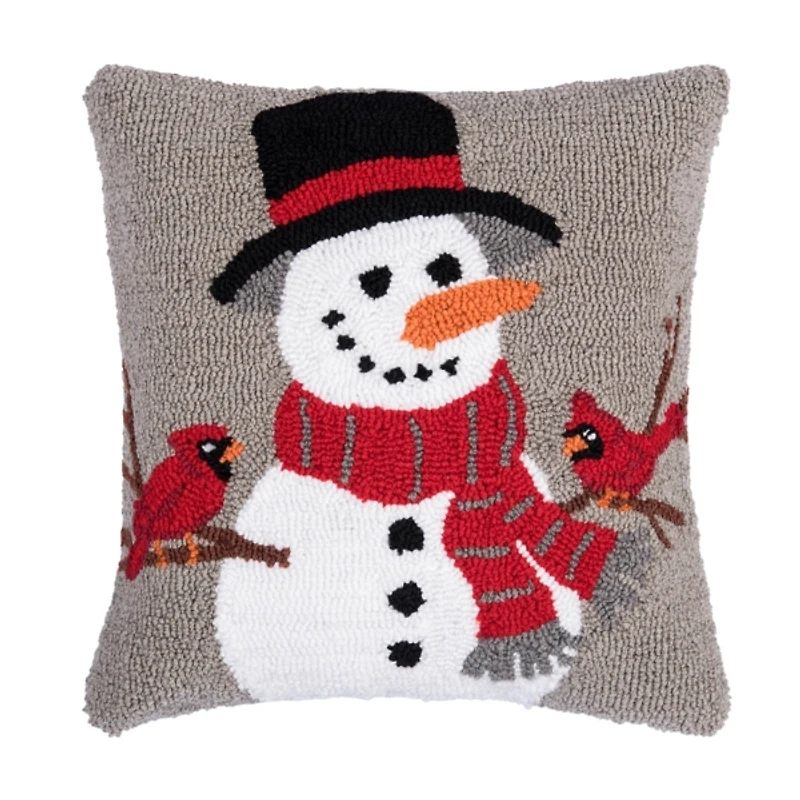 Snowman and Cardinals Hooked Pillow