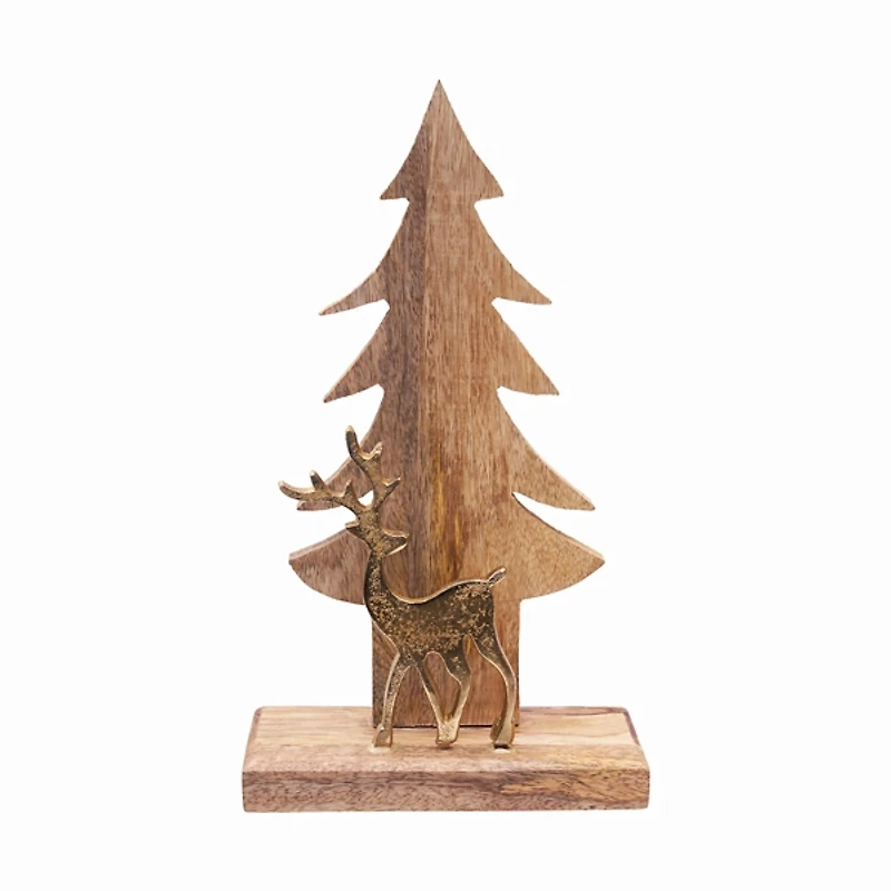 Gold Reindeer and Wooden Tree Figurine