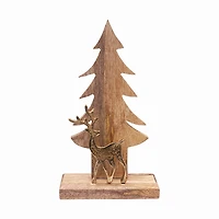 Gold Reindeer and Wooden Tree Figurine
