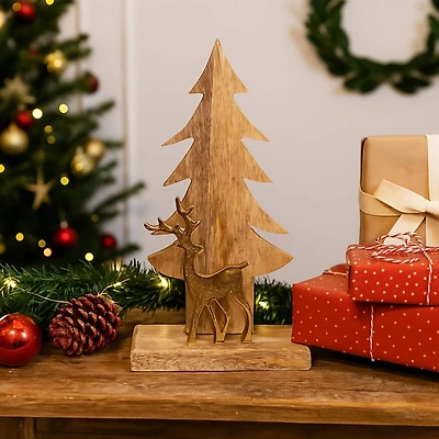 Gold Reindeer and Wooden Tree Figurine
