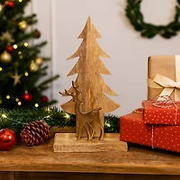Gold Reindeer and Wooden Tree Figurine
