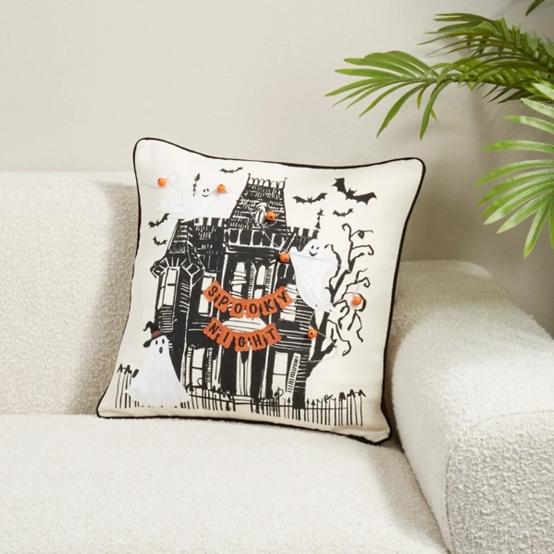 Spooky Night Haunted House Halloween Pillow