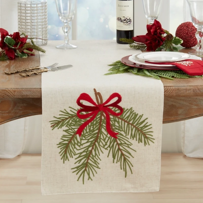 Pine Needle Red Bow Christmas Table Runner