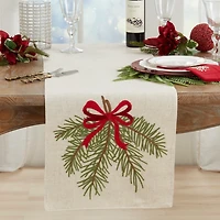 Pine Needle Red Bow Christmas Table Runner