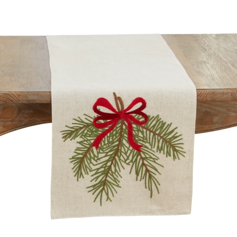 Pine Needle Red Bow Christmas Table Runner