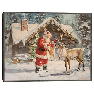 Santa with Reindeer Framed Canvas Art Print