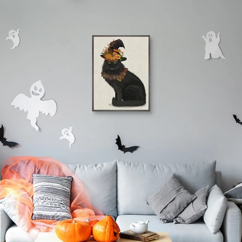 Black Cat with Autumn Hat Framed Canvas Art Print