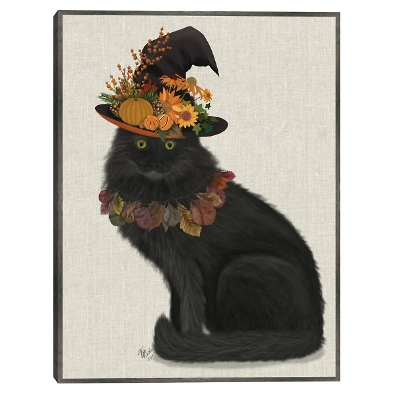 Black Cat with Autumn Hat Framed Canvas Art Print
