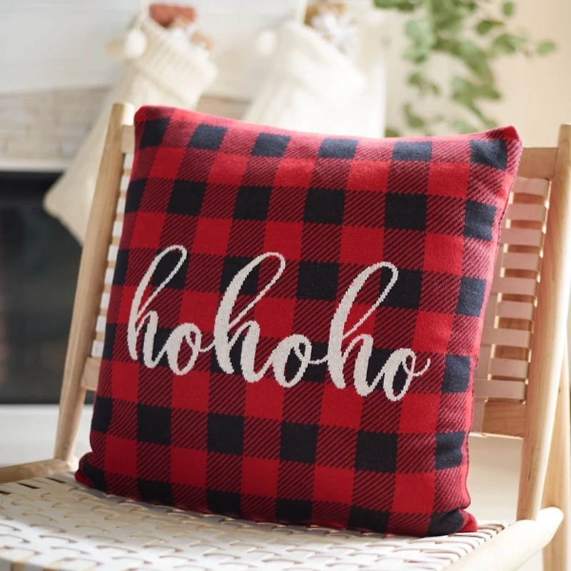 Red Plaid Ho Ho Ho Christmas Pillow