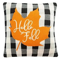 Black Plaid Hello Fall Orange Leaf Pillow