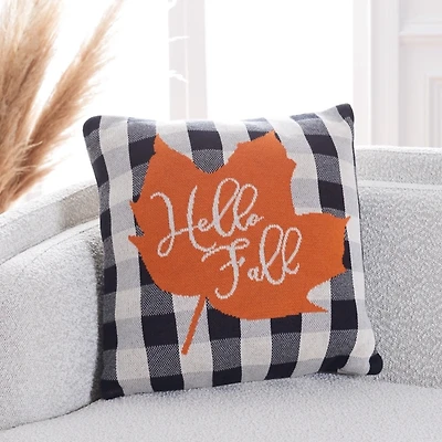Black Plaid Hello Fall Orange Leaf Pillow