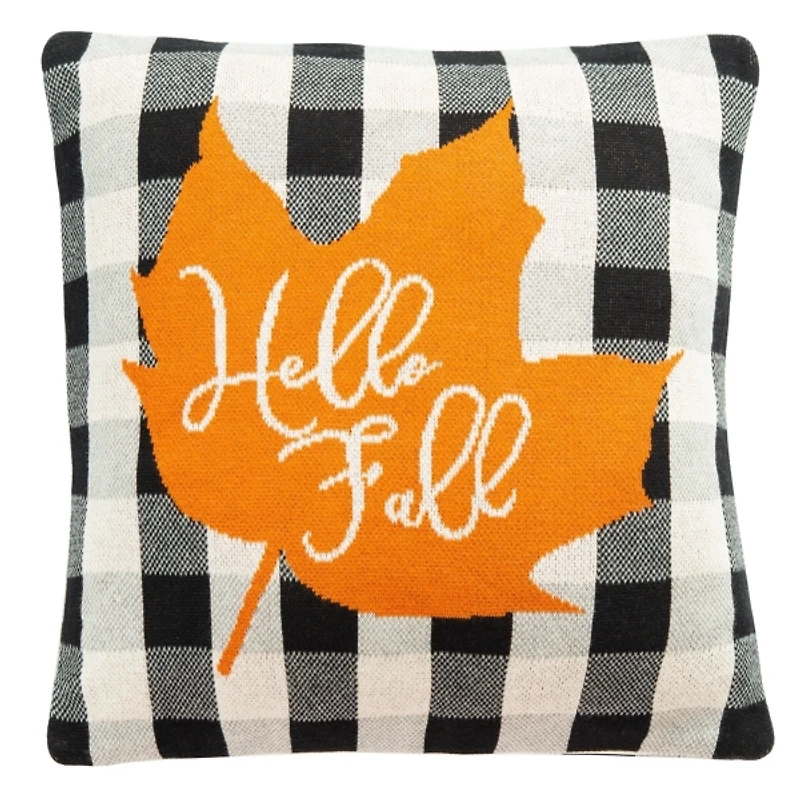 Black Plaid Hello Fall Orange Leaf Pillow