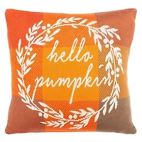 Orange Plaid Hello Pumpkin Pillow