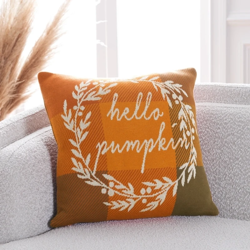 Orange Plaid Hello Pumpkin Pillow