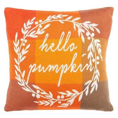 Orange Plaid Hello Pumpkin Pillow