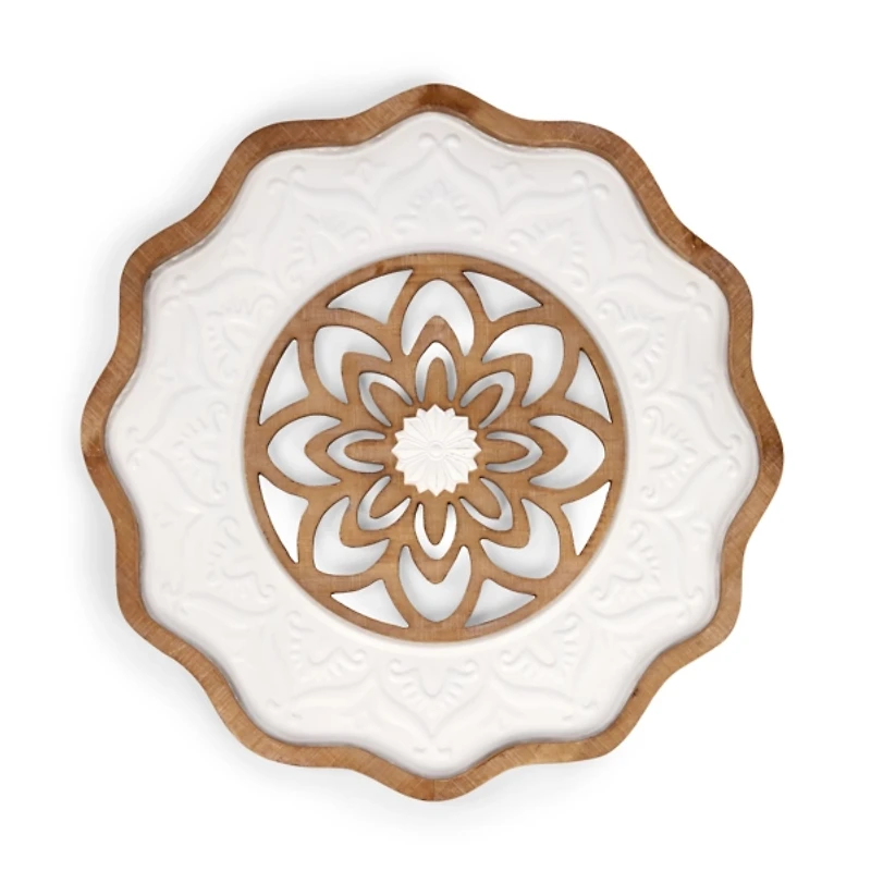 White Metal and Wood Wavy Wall Plaque