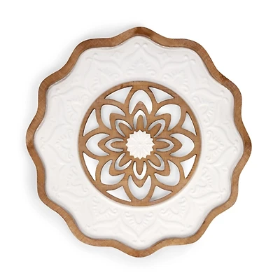 White Metal and Wood Wavy Wall Plaque