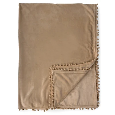 Taupe Plush Pom Pom Throw