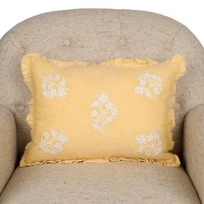 Yellow Embroidered Floral Lumbar Pillow