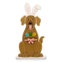 Wooden Dog with Bunny Ears Easter Porch Statue