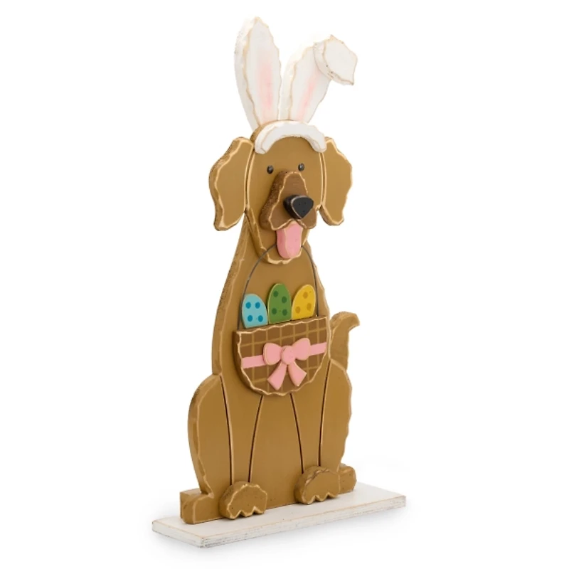 Wooden Dog with Bunny Ears Easter Porch Statue